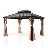 PURPLE LEAF Pavillon Außenbereich Alu Gartenpavillon mit Stahldach Hardtop und Seitenteile, Metall Pavillon mit Netzen und Vorhängen Permanenter braun 300 cm x 425 cm