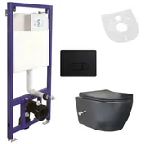 Belvit Spülrandloses Hänge-WC Komplettset mit Armatur, Deckel, Vorwandelement und Betätigungsplatte Schwarz