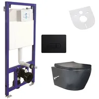 Belvit Spülrandloses Hänge-WC Komplettset mit Armatur, Deckel, Vorwandelement und Betätigungsplatte Schwarz