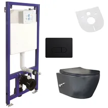 Belvit Spülrandloses Hänge-WC Komplettset mit Armatur, Deckel, Vorwandelement und Betätigungsplatte Schwarz
