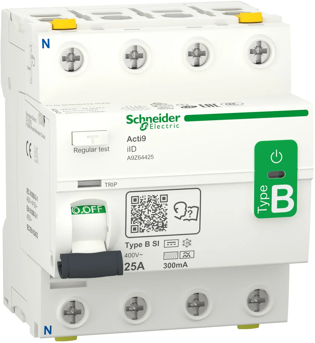 Schneider-Electric A9Z64425 Fehlerstrom-Schutzschalter Allstromsensitiv iID, 4P, 25A, Typ B-SI, 300mA