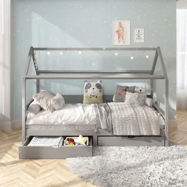 Idimex Hausbett CLIA Montessori aus massiver Kiefer, Kinderbett mit Dach, Tipi Bett mit 2 Schubladen in grau