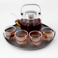 VIVA Scandinavia Teekanne mit Siebeinsatz, Glas Teekocher im Set mit 4 kleinen Tee-Tassen aus Borosilikat Glas und Serviertablett grau, Geschirrspüler-geeignet, Tropffrei, 0,75 Liter