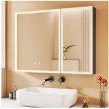 WDWRITTI Spiegelschrank Alu Bad 80x60cm Badezimmerspiegelschrank Schwarz mit LED 2-türig (Badschrank Schwarz, 3Lichtfarben mit Dimmbarer Helligkeit, Speicherfunktion) Doppelspiegel, vormontiert geliefert schwarz