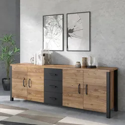 Sideboard HOME AFFAIRE "Olin" Sideboards Gr. B/H/T: 220cm x 79cm x 48cm, appenzeller fichte /appenzeller fichte-schwarz matt, 3 St., braun (appenzeller fichte /appenzeller fichte-schwarz matt) Breite 220cm