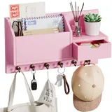 Schlüsselablage, Wandhalterung mit 6 Haken und Aufbewahrungsschublade, Schlüsselbrett Holz, Wand Schlüsselhaken, Wandregal für Schlüsselanhänger Organizer, für Eingang Wohnzimmer Flur Büro (Rosa)