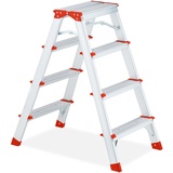 Relaxdays Trittleiter klappbar, 4 Stufen, Treppenleiter Aluminium, Leiter bis 120 kg, HBT 80 x 42,5 x 63,5cm, Silber/rot