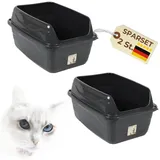GarPet 2er Set Katzentoiletten mit hohem Rand Schwarz Katzentoilette XXL Katzenklo offen hoher Rand Katzenklo ohne Deckel Extra Hoch 56x40x30 cm Anthrazit