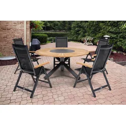 OUTFLEXX Garten-Essgruppe, OUTFLEXX® anthrazit matt, Alu / Teak / Textil, Esstisch √ò 150 cm, 5 Klappstühle