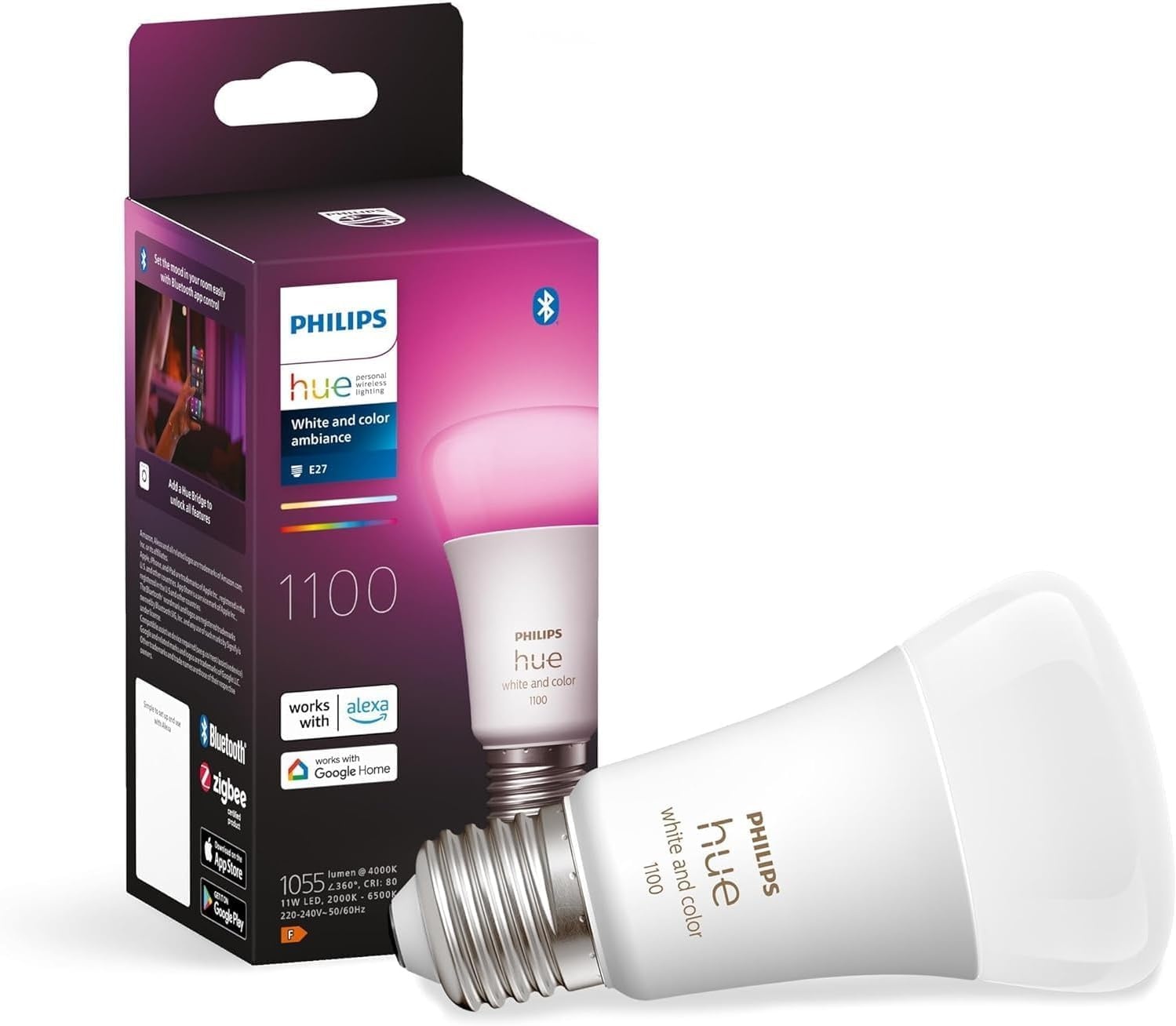 Philips Hue White & Color Ambiance E27 LED Lampe (1100 lm), TESTSIEGER Stiftung Warentest (01/2024), dimmbare mit 16 Mio. Farben, smarte Lichtsteuerung über Sprache und App