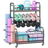 Homeiju Hantelständer, Gewichtsständer für das Heimstudio, Aufbewahrung für Heimstudio für Hanteln, Kettlebells, Yogamatte, Gewichtsaufbewahrungsständer für Hanteln mit Rädern & Haken (Grau)