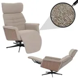 MCA Furniture MCA Relaxsessel HWC-N56, Fernsehsessel Liegesessel Fußstütze drehbar Bouclé Stoff Holz ~ Stoff braun, Holz Walnuss-Optik