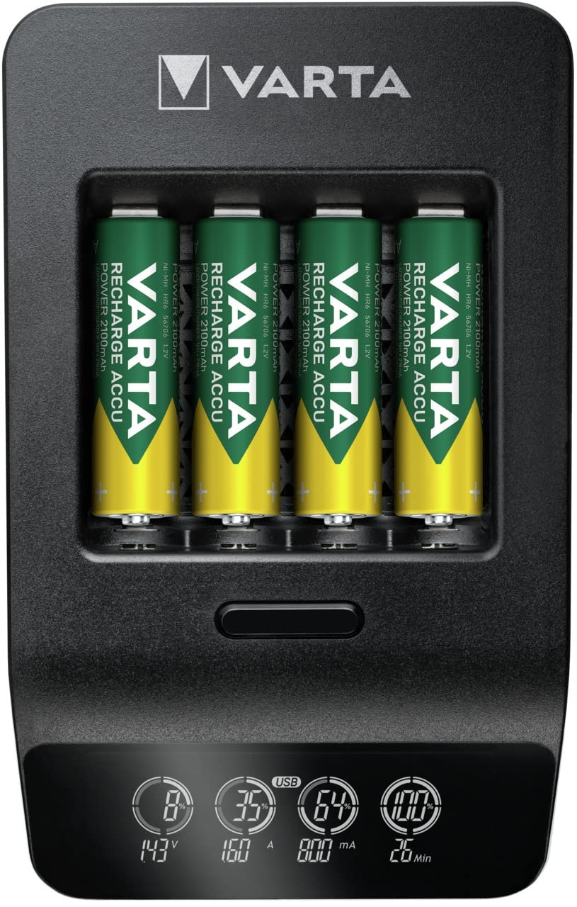 VARTA Akku Ladegerät, inkl. 4x AA 2100mAh, Batterieladegerät für wiederaufladbare AA/AAA, LCD Smart Charger+, Einzelschachtladung, 2 Modi: Laden, Auffrischen