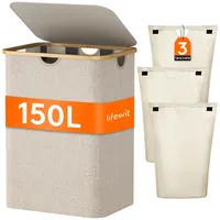 Lifewit 150L Wäschekorb mit Deckel, Wäschesammler mit Deckel, Wäschekorb Wäschesortierer 3 Fächer, Wäsche Sortiersystem Laundry Baskets mit Bambusgriffen und 3 Abnehmbarem Wäschesack, Beige