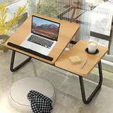 Laptop-Betttisch, Betttisch mit klappbaren Beinen und Becherschlitz, verstellbare Tabletts, Lesebuchhalter, Notebook-Ständer, Laptop-Tablett für Bett, Sofa, Terrasse, Teppich, Walnuss