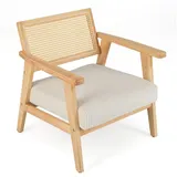 COSTWAY Relaxsessel, mit Rattan-Rückenlehne&Kissen, gepolstert, Holz beige