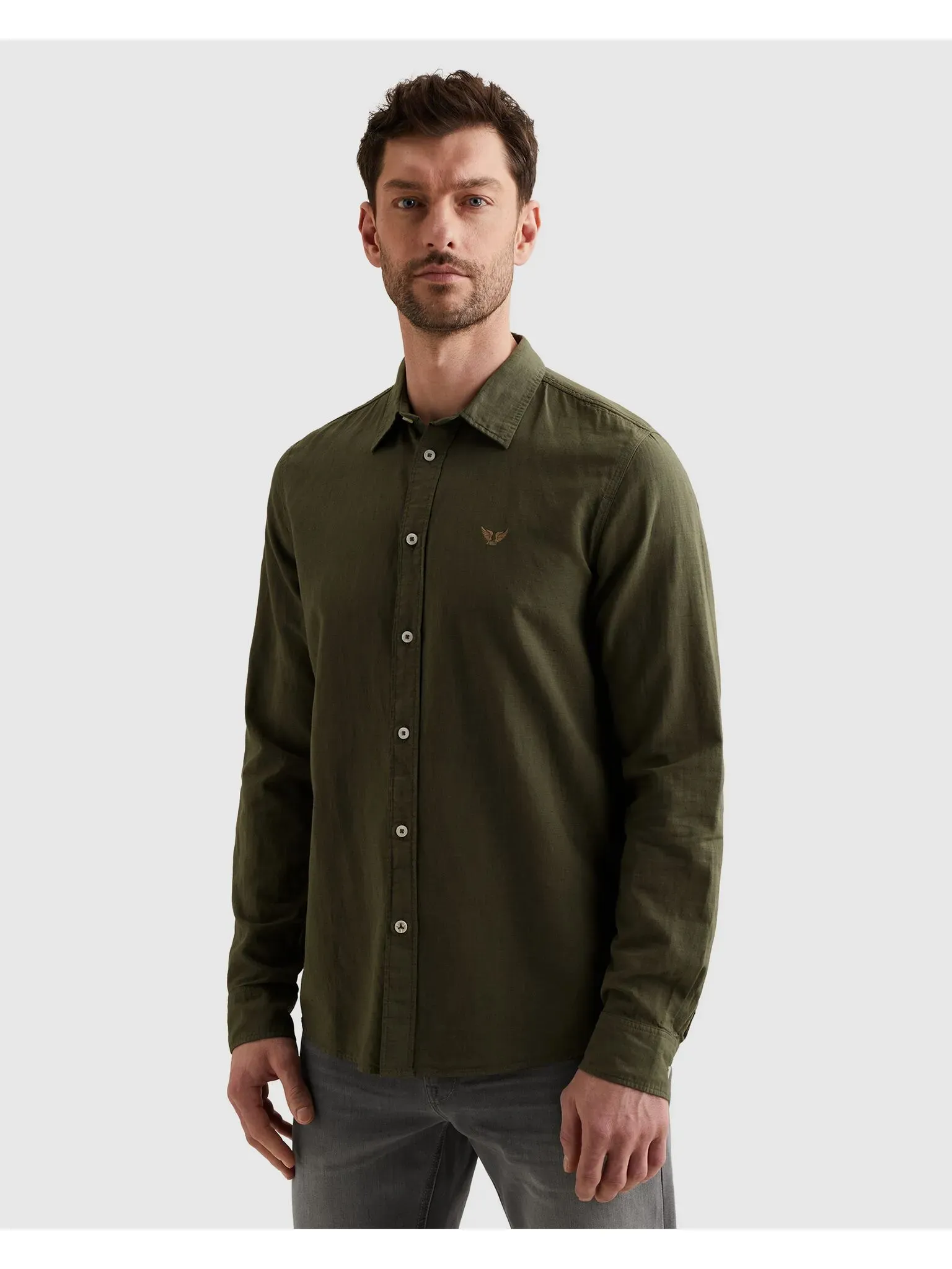 Langarmhemd PME LEGEND, Herren, Gr. 3XL, N-Gr, thyme, Web, Obermaterial: 65% Baumwolle, 35% Leinen, unifarben, regular fit normal, ohne Ausschnitt, Manschette, Hemden, mit Logo Stickerei