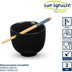 San Ignacio KINVARA - Asiatische schwarze Porzellanschale mit Essstäbchen