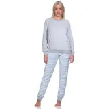 Normann Pyjama Damen Frottee Schlafanzug lang mit Bündchen und floraler Applikation blau 40-42