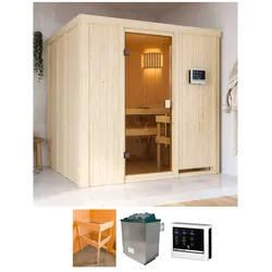 Sauna KARIBU "Tromsö", beige (natur), Saunaofen, externe Steuerung, 9 kW, Saunen, mit Ofen 9 kW ext. Strg.