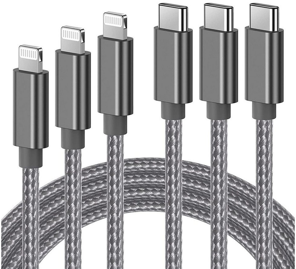 Elegear iPhone Kabel USB C Smartphone-Kabel, 3 Stück 1/2/3m lang, Nylon, Grau grau