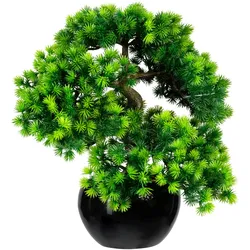 CREATIV green künstliche Pflanze Bonsai Lärche x5, ca 37x30cm, im Keramiktopf schwarz glänzend 15x9cm, mit Kies