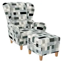 Supellex Sofia Ohrensessel mit Hocker Design Patchwork grau