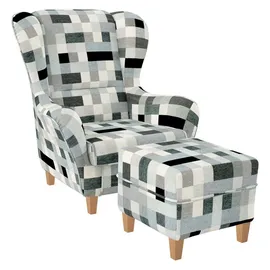 Supellex Sofia Ohrensessel mit Hocker Design Patchwork grau