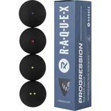 Raquex Progression Squashbälle – Tube mit 4 gemischten Bällen – 4 Geschwindigkeitsoptionen pro Tube –Red Dot, Blue Dot, Yellow Dot und Double Yellow Dot für Profi-Wettkämpfer. Von der WSF zugelassener