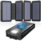 Bogseth Wireless Solar Powerbank 30000mAh mit 4 Solarpanel Solar Ladegerät USB C Externer Akku mit 2 solar USB C - Power Bank für Camping,Outdoor,Smartphones Tablets