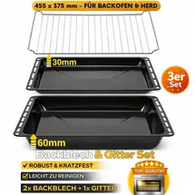ICQN Backblech & Gitter Set 455 × 375 × 30 & 60 mm Extra Tiefe, Kompatibel mit Bosch, Siemens, Neff, Emaillierte Backbleche & Verchromtes Gitter für Backofen & Herd