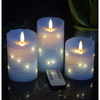 DANIP Himmelblaue LED-Kerzen Eingebaute Sternenkette 3 Kerzen mit 11-Tasten-Fernbedienung 24-Stunden-Timer Tanzende Flamme Echtwachs batteriebetrieben.