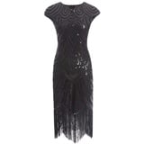 shoperama 20er Jahre Charleston Kleid Pailletten Fransen Flapper Gatsby 20's Fransenkleid Damen-Kostüm, Größe:XL, Farbe:Schwarz/Schwarz