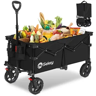 Sekey XL Bollerwagen Faltbar 150L 150KG mit Bremsen, Faltbarer Bollerwagen Handwagen Geländereifen, Zusammenfaltbar aus 4 Richtungen, Verstellbarer Handgriff, XL-G 4014, Schwarz