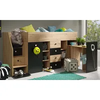 Hochbett ,Kinderbett SM 3, Hochbett mit Schreibtisch, kleine Schrank und Schubladen. Farbe Artisan/Schwarz
