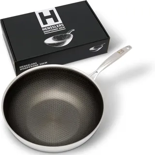 HENSSLERS® Wokpfanne 30cm [EDELSTAHL & ALUMINIUM] - Hochwertige Wok Pfanne geeignet für alle Herdarten inkl. Induktion - Wok für Induktionsherd Kratzfest & Robust - Wok Edelstahl - Wok Beschichtet