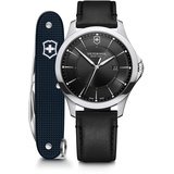 Victorinox Set Herren Armbanduhr Alliance Ø 40 mm und Schweizer Taschenmesser, Analog Quarz, Wasserdicht bis 100 m, Leder-Armband, Schwarz