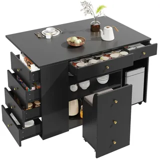 Okwish Kücheninsel MDF Schwarz 140x40x89 cm mit 6 Schubladen, Stauraumhocker auf Rollen und Metallgriffen in Goldoptik