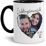 Tassendruck Fototasse mit Spruch - Lieblingsmensch - Ich Liebe Dich - zum Selbst gestalten mit Foto in Herzform - Geschenkidee für den Partner, Innen & Henkel schwarz, 300 ml