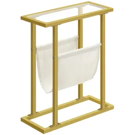 HOOBRO Beistelltisch, Schmaler Betttisch, Schmaler Couchtisch aus gehärtetem Glas, Kompakter Tisch mit Zeitungsständer, Sofatisch für Wohnzimmer, Schlafzimmer, Goldfarben EGD78BZ01
