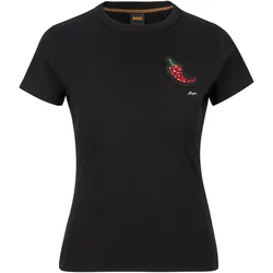 T-Shirt BOSS ORANGE "C_Endora", Damen, Gr. L, schwarz (schwarz 001), Single Jersey, Obermaterial: 100% Baumwolle, unifarben, casual, Kurzarm, Shirts, mit Raffungen, glitzerndes Badge