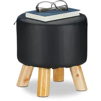 Relaxdays Hocker Kunstleder, gepolstert, 4 Holzbeine, Flacher Fußhocker, runder Dekohocker, H x D: 30 x 30 cm, schwarz,