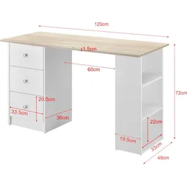 [en.casa] Schreibtisch Lemberg 120x50x72 cm Weiß/Eiche-Optik