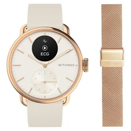 Withings Scanwatch 2 38 mm rose, Sport Fluorelastomer-Armband weiß + Milanaise-Armband gold 