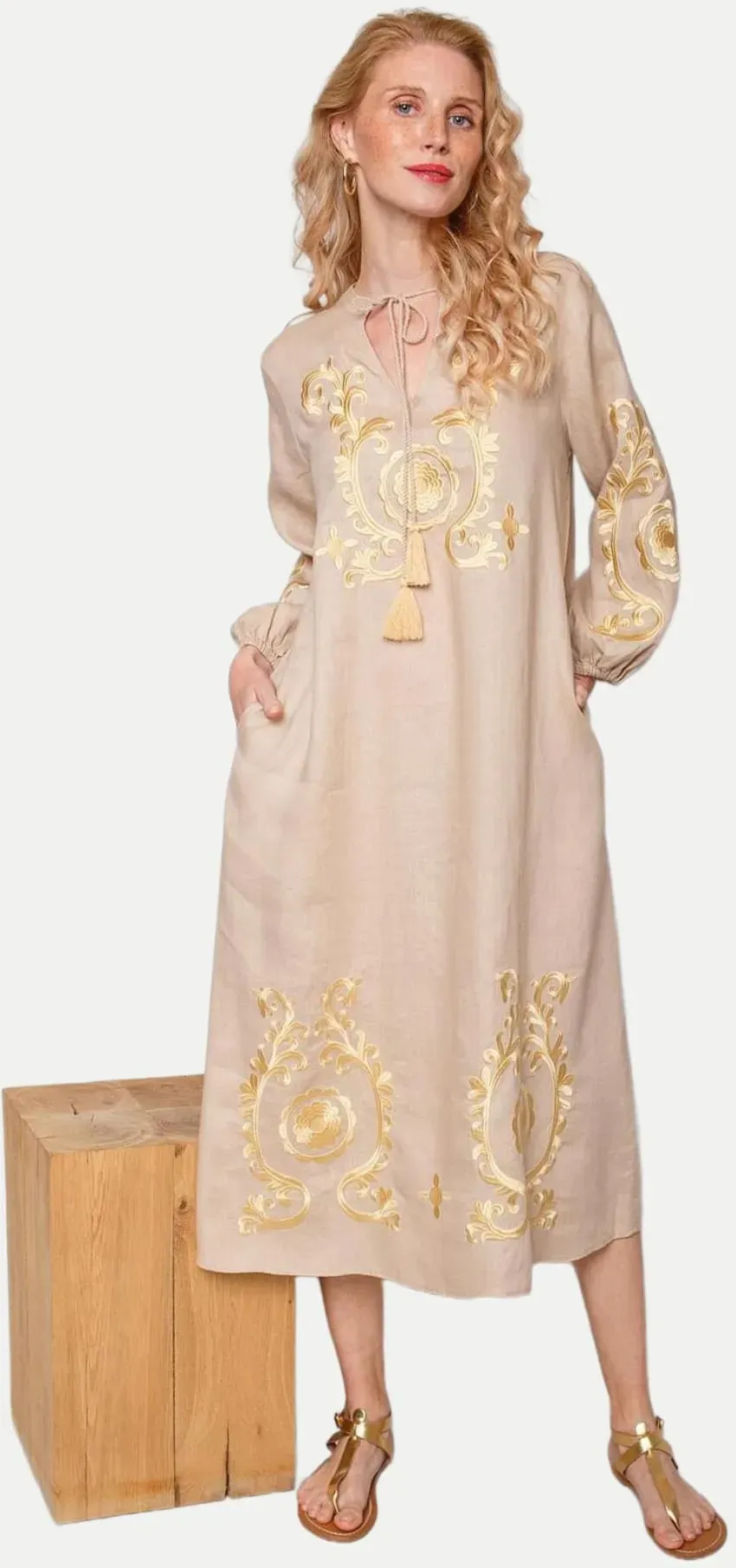 Tunikakleid mit Boho Stickereien Beige 46