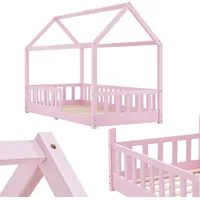 Juskys Kinderbett Marli 90 x 200 cm mit Matratze, Lattenrost & Dach - Bett Rosa