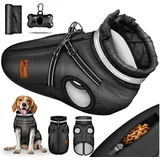 TRESKO Hundejacke Winter mit Reflektoren inkl. 15 Stück Kotbeutel, + Spender Hunderegenmantel wasserdicht Hundemantel mit Geschirr Weste schwarz S