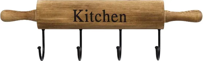 MyGift Rustikale Küchenhaken aus verbranntem braunem Holz für Kochutensilien, Kaffeetassen und Handtücher, dekoratives Nudelholz-Design als Küchenwanddeko mit 4 Haken
