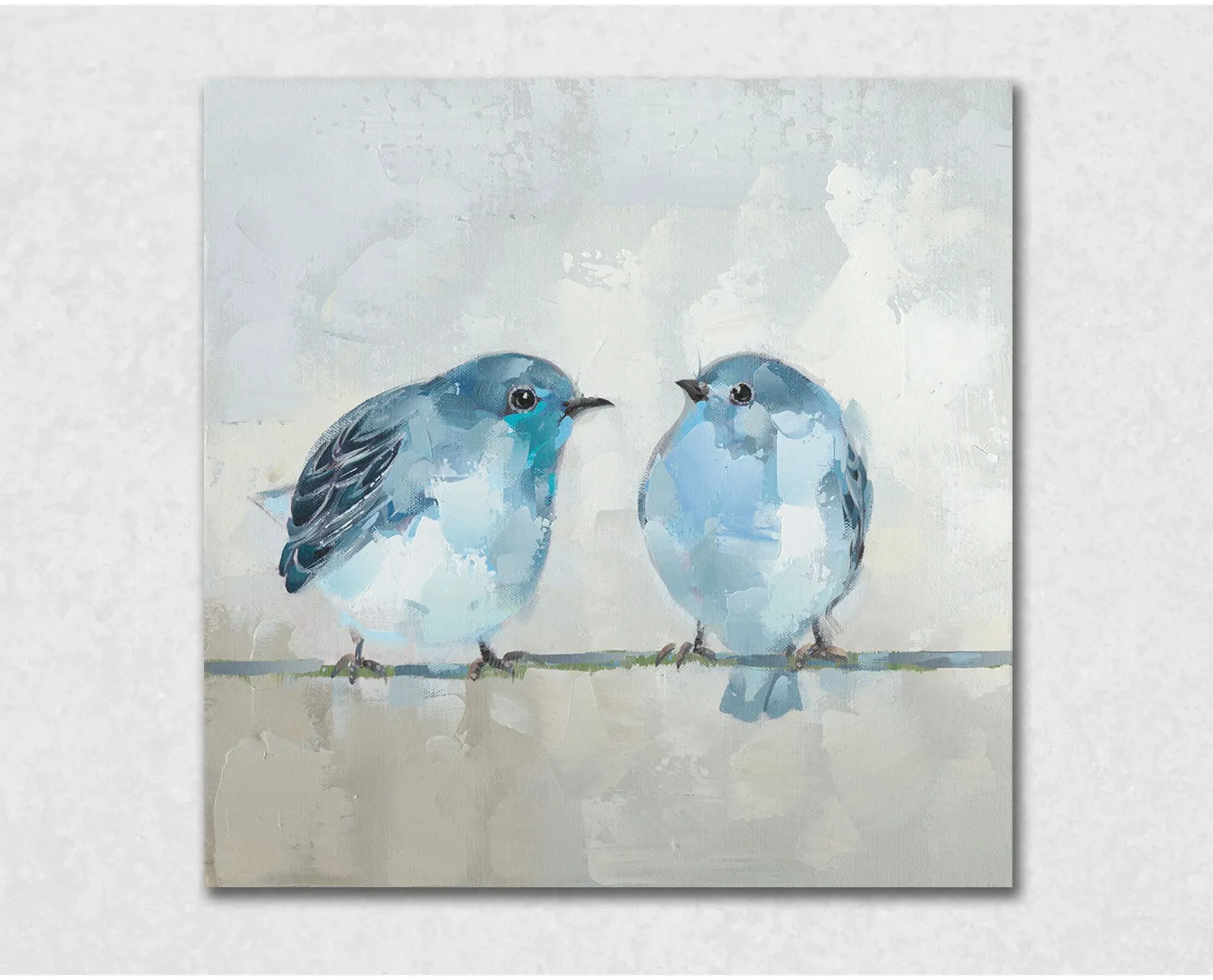 La Casa »2 blaue Vögel frontal« Ölbild handbemalt 30x30 cm auf Leinwand