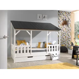Vipack Hausbett mit 90 x 200 cm Liegefläche und Bettschublade, Korpus Weiß lackiert, Dach in schwarz)